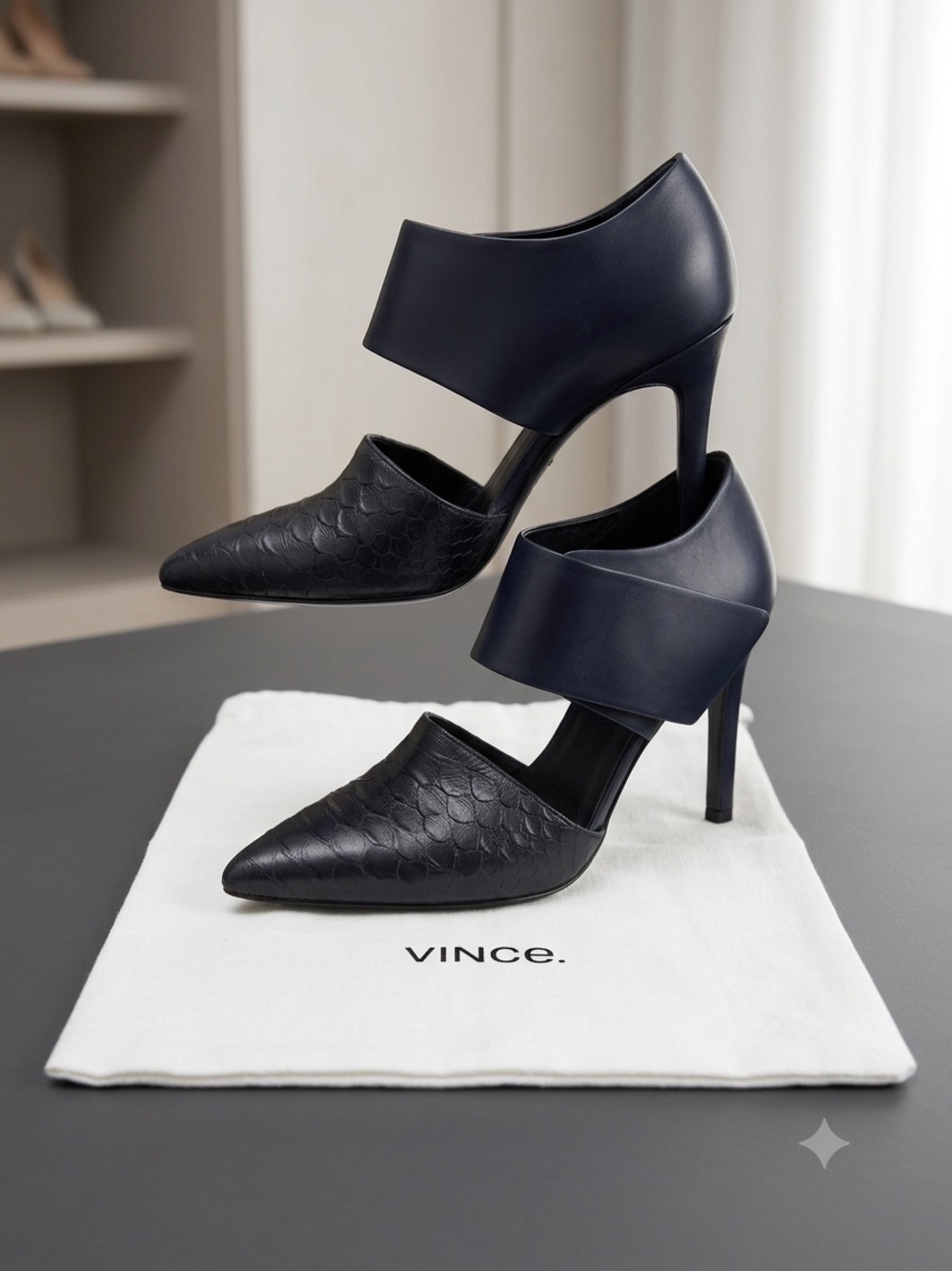 Vince Black Pointed Toe Leather High Heels with Wide Ankle Cuff Size 9.5